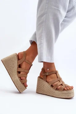 Damskie Boto Sandały Na Koturnie Z Plecionką Brązowe Gnosis