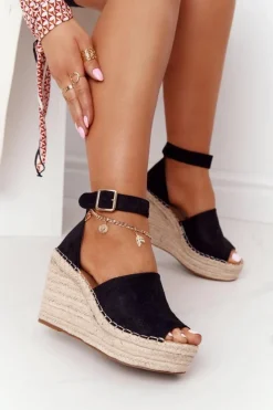 Boto Sandały Na Koturnie*Sandały Na Koturnie Z Plecionką Czarne Makenna