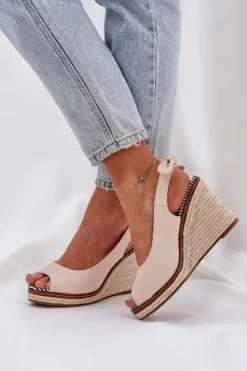 Sale Boto Sandały Na Koturnie Z Plecionką Beżowe Nanalis