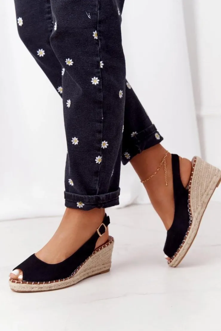 Online Boto Sandały Na Koturnie Z Plecionką Czarne Las Palomas