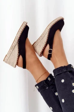 Online Boto Sandały Na Koturnie Z Plecionką Czarne Las Palomas