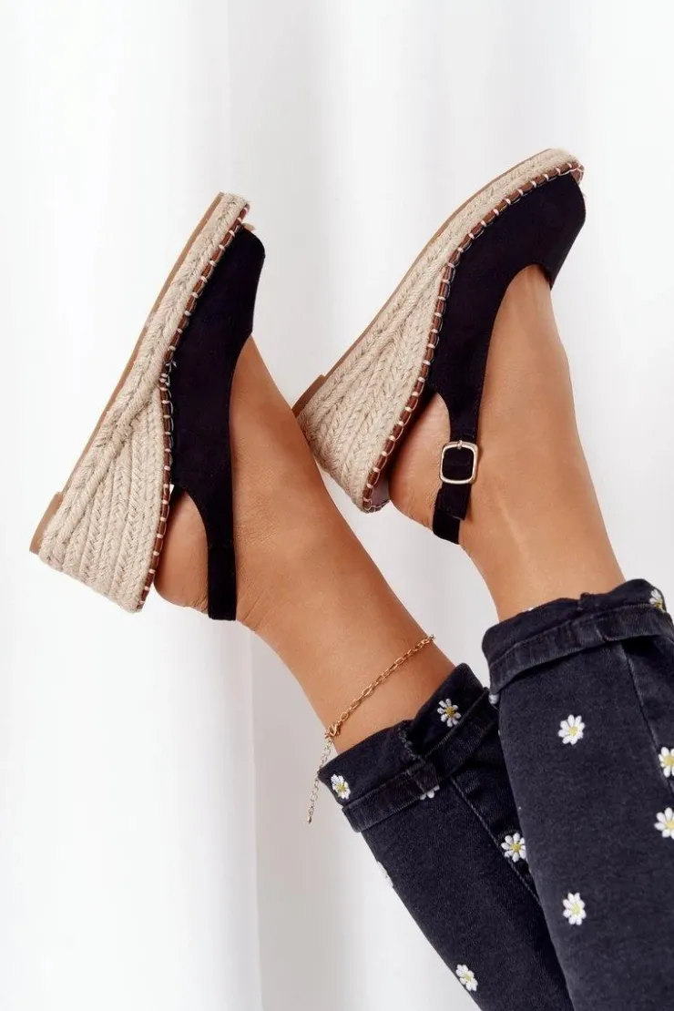 Online Boto Sandały Na Koturnie Z Plecionką Czarne Las Palomas