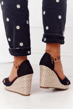 Discount Boto Sandały Na Koturnie Z Plecionką Czarne Lobos