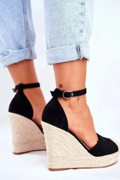 Damskie Boto Sandały Na Koturnie Z Plecionką Czarne Avocado