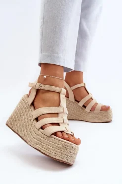 Boto Sandały Na Koturnie*Sandały Na Koturnie Z Plecionką Beżowe Gnosis