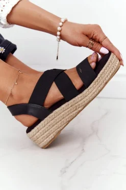 Big Star Shoes Sandały Big Star|Sandały Na Koturnie*Sandały Na Koturnie Ze Ściągaczem Big Star HH274411 Czarne