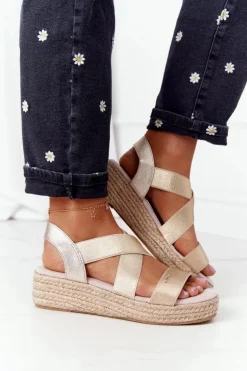 Hot Big Star Shoes Sandały Na Koturnie Ze Ściągaczem Big Star HH274414 Złote