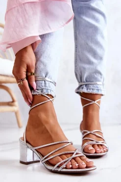 Damskie Boto Sandały Na Obcasie Wiązane Srebrne Meghan