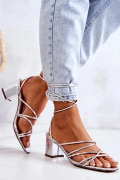 Damskie Boto Sandały Na Obcasie Wiązane Srebrne Meghan