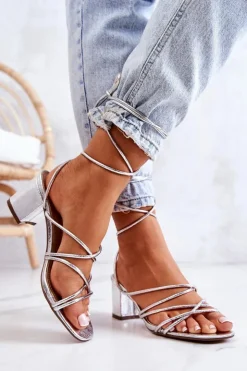 Damskie Boto Sandały Na Obcasie Wiązane Srebrne Meghan