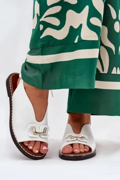 Damskie Boto Sandały Na Płaskim Obcasie Z Ozdobą Eko Skóra Białe Tillireta