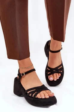 Hot Boto Sandały Na Platformie I Koturnie Z Eko Zamszu Czarne Nendal Czarny