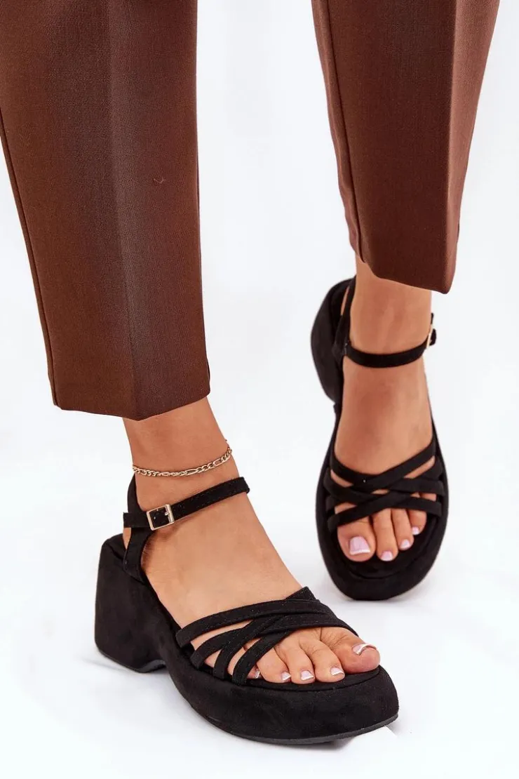 Hot Boto Sandały Na Platformie I Koturnie Z Eko Zamszu Czarne Nendal Czarny