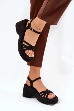 Hot Boto Sandały Na Platformie I Koturnie Z Eko Zamszu Czarne Nendal Czarny