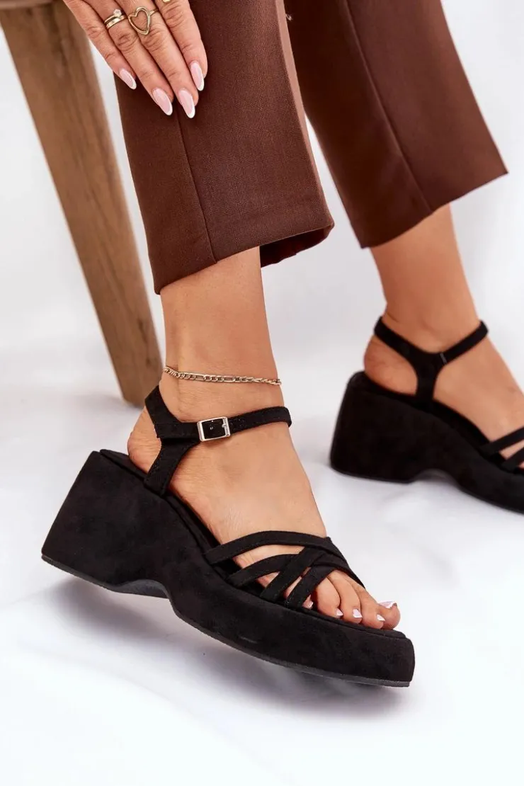 Hot Boto Sandały Na Platformie I Koturnie Z Eko Zamszu Czarne Nendal Czarny