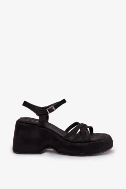 Hot Boto Sandały Na Platformie I Koturnie Z Eko Zamszu Czarne Nendal Czarny