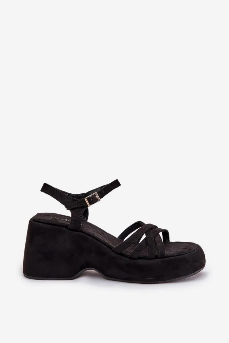 Hot Boto Sandały Na Platformie I Koturnie Z Eko Zamszu Czarne Nendal Czarny