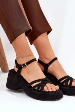Hot Boto Sandały Na Platformie I Koturnie Z Eko Zamszu Czarne Nendal Czarny