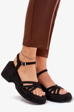 Hot Boto Sandały Na Platformie I Koturnie Z Eko Zamszu Czarne Nendal Czarny
