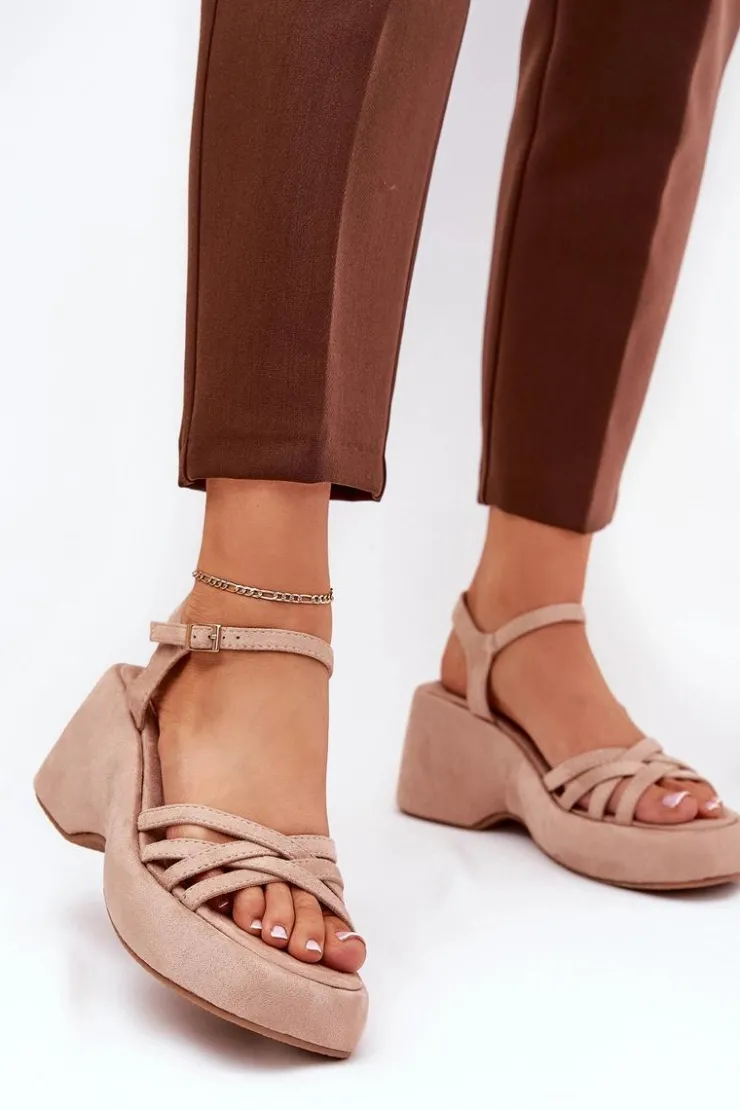 Boto Sandały Na Koturnie*Sandały Na Platformie I Koturnie Z Eko Zamszu Beżowe Nendal Beżowy