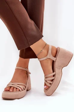 Boto Sandały Na Koturnie*Sandały Na Platformie I Koturnie Z Eko Zamszu Beżowe Nendal Beżowy