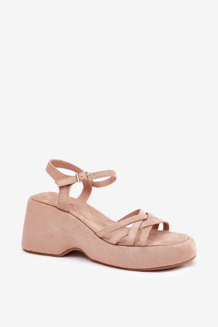 Boto Sandały Na Koturnie*Sandały Na Platformie I Koturnie Z Eko Zamszu Beżowe Nendal Beżowy