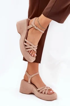 Boto Sandały Na Koturnie*Sandały Na Platformie I Koturnie Z Eko Zamszu Beżowe Nendal Beżowy