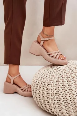 Boto Sandały Na Koturnie*Sandały Na Platformie I Koturnie Z Eko Zamszu Beżowe Nendal Beżowy