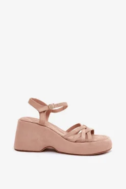 Boto Sandały Na Koturnie*Sandały Na Platformie I Koturnie Z Eko Zamszu Beżowe Nendal Beżowy