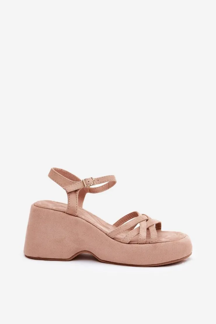 Boto Sandały Na Koturnie*Sandały Na Platformie I Koturnie Z Eko Zamszu Beżowe Nendal Beżowy
