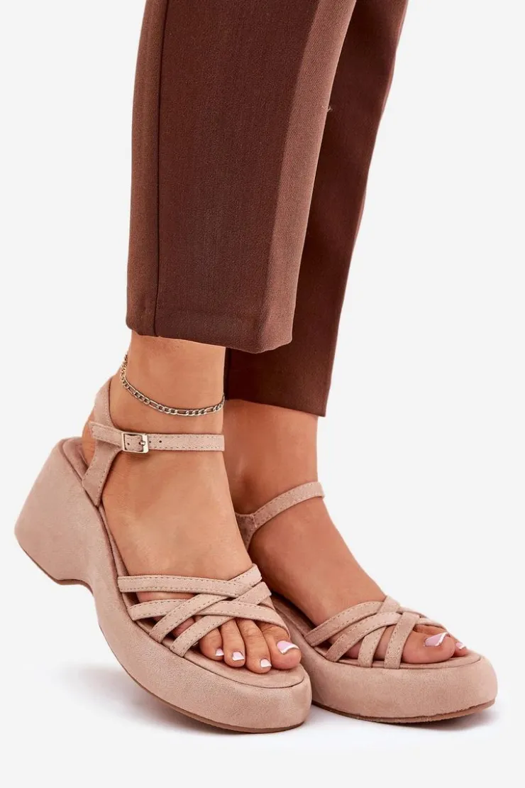 Boto Sandały Na Koturnie*Sandały Na Platformie I Koturnie Z Eko Zamszu Beżowe Nendal Beżowy