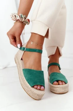 Damskie Boto Sandały Na Platformie Z Plecionką Zielone Megara
