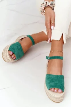 Damskie Boto Sandały Na Platformie Z Plecionką Zielone Megara