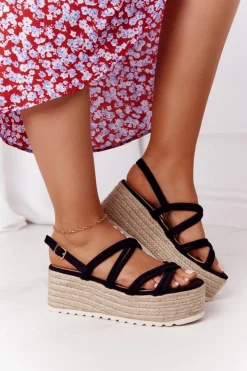 Damskie Boto Sandały Na Platformie Z Plecionką Czarne Crazy In Love
