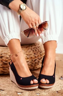 Discount Boto Sandały Na Plecionej Koturnie Czarne Tommy