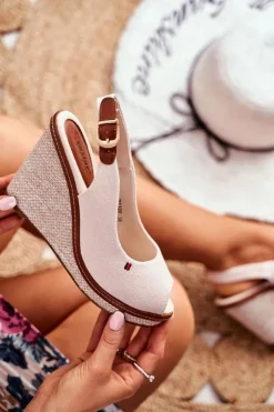 Damskie Boto Sandały Na Plecionej Koturnie Beżowe Tommy