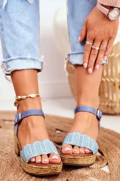 Evento Sandały Na Obcasie*Sandały Na Plecionej Platformie Niebieskie Fobi