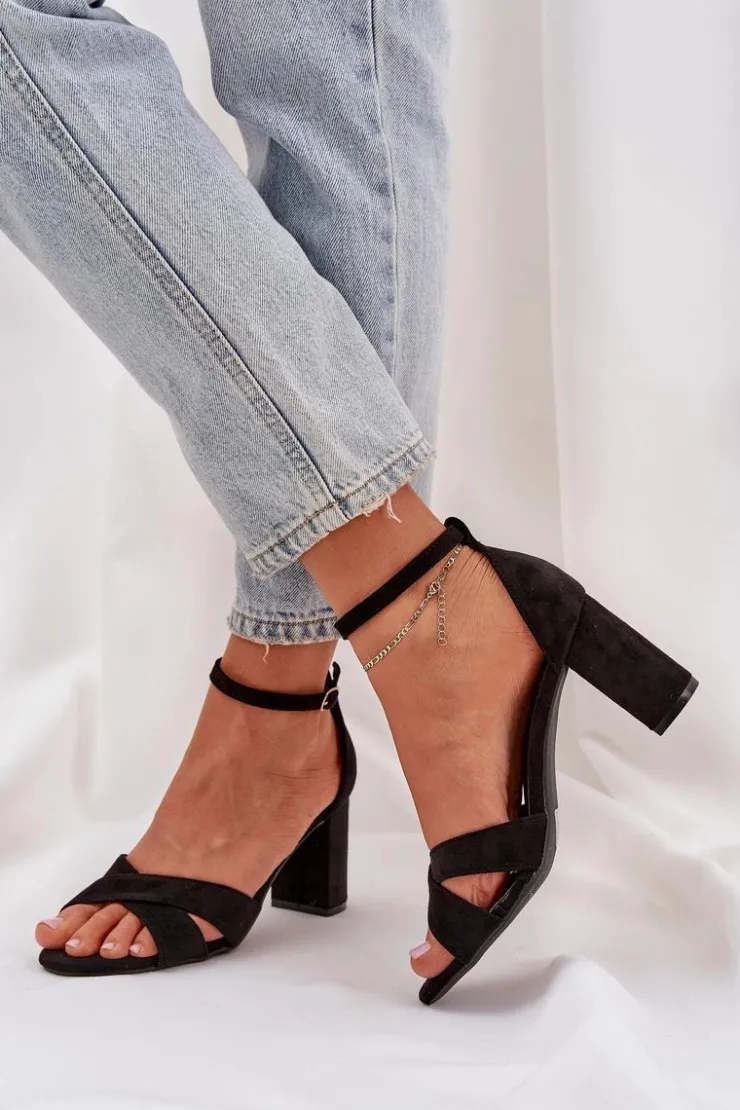 Boto Sandały Na Obcasie*Sandały Na Słupkowym Obcasie Z Eko Zamszu Czarne Saniffia Czarny