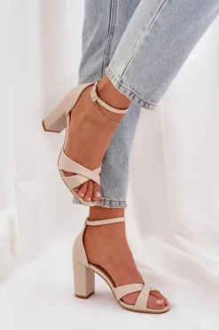 Damskie Boto Sandały Na Słupkowym Obcasie Z Eko Skóry Beżowe Lanaria