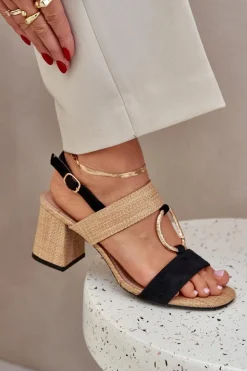 Boto Sandały Na Słupku|Sandały Na Obcasie*Sandały Na Słupkowym Obcasie Czarno-Beżowe Afleeria Czarny