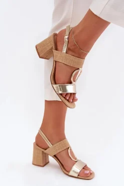 Damskie Boto Sandały Na Słupkowym Obcasie Złote Afleeria