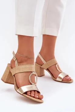 Damskie Boto Sandały Na Słupkowym Obcasie Złote Afleeria