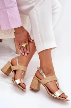 Damskie Boto Sandały Na Słupkowym Obcasie Złote Afleeria