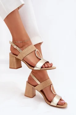 Damskie Boto Sandały Na Słupkowym Obcasie Złote Afleeria