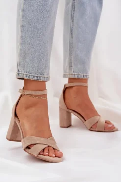 Damskie Boto Sandały Na Słupkowym Obcasie Z Eko Zamszu Beżowe Saniffia