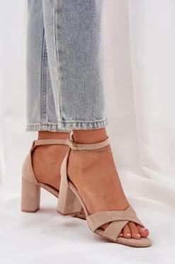 Damskie Boto Sandały Na Słupkowym Obcasie Z Eko Zamszu Beżowe Saniffia