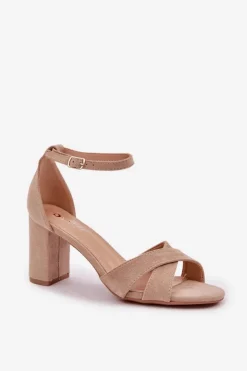 Damskie Boto Sandały Na Słupkowym Obcasie Z Eko Zamszu Beżowe Saniffia