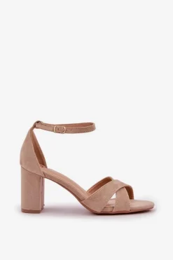 Damskie Boto Sandały Na Słupkowym Obcasie Z Eko Zamszu Beżowe Saniffia