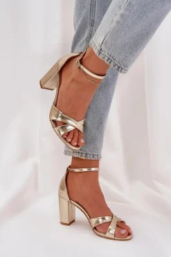 Damskie Boto Sandały Na Słupkowym Obcasie Z Eko Skóry Złote Lanaria