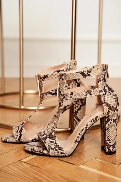 Damskie Boto Sandały Na Słupku Beżowe Z Wężowym Wzorem Folly